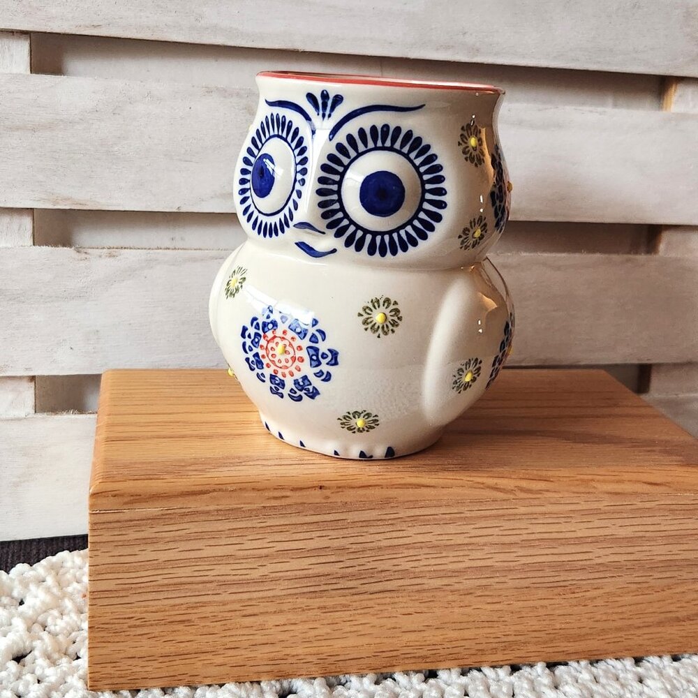 OWL Mug - Yokohama Studio Royal Figural Owl Mug Hand Painted Orange Blue Yellow